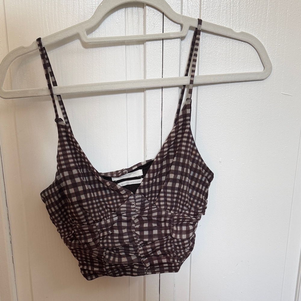 Urban Outfitters Plaid Ruched Cropped Cami - Brown & Cream